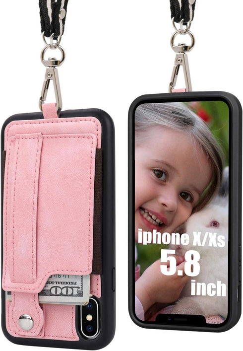 TOOVREN Phone Case for iPhone X/Xs Wallet Case Phone Lanyard Neck Strap for iPhone Xs / 10 Protective Case with Stand Leather PU Card Holder Adjus...